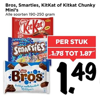 Aanbiedingen Bros, smarties, kitkat of kitkat chunky mini`s - Nestlé - Geldig van 18/06/2017 tot 24/06/2017 bij Vomar