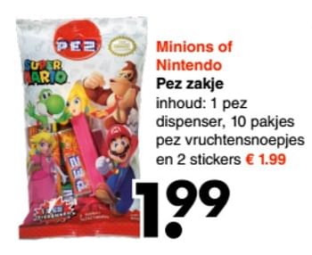 Aanbiedingen Minions of nintendo pez zakje - Minions - Geldig van 16/06/2017 tot 24/06/2017 bij Wibra
