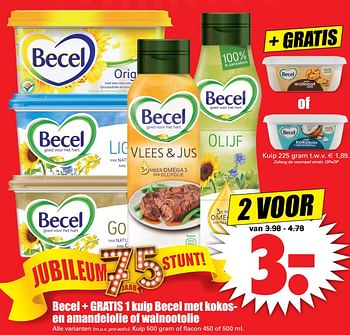 Aanbiedingen Becel + gratis 1 kuip becel met kokosen amandelolie of walnootolie - Becel - Geldig van 18/06/2017 tot 24/06/2017 bij Lekker Doen