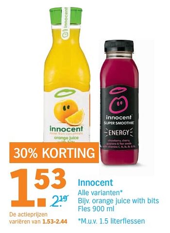 Aanbiedingen Orange juice with bits fles - Innocent - Geldig van 19/06/2017 tot 25/06/2017 bij Albert Heijn