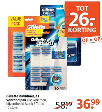 Aanbiedingen Gillette navulmesjes voordeelpak mach 3 turbo - Gillette - Geldig van 19/06/2017 tot 02/07/2017 bij Etos