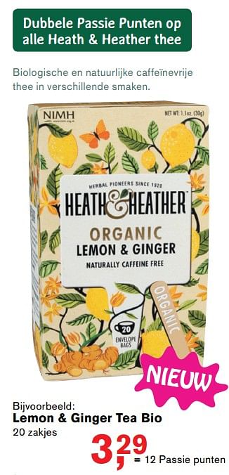 Aanbiedingen Lemon + ginger tea bio - Heath &amp; Heather - Geldig van 19/06/2017 tot 16/07/2017 bij Holland & Barrett