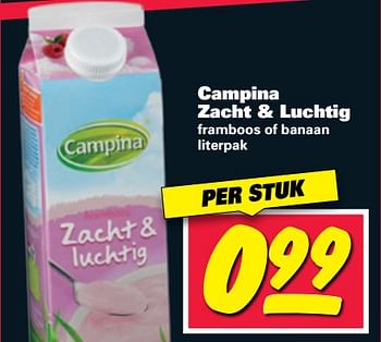 Aanbiedingen Campina zacht + luchtig framboos of banaan literpak - Campina - Geldig van 19/06/2017 tot 25/06/2017 bij Nettorama