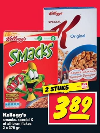 Aanbiedingen Kellogg`s smacks, special k of all-bran flakes - Kellogg's - Geldig van 19/06/2017 tot 25/06/2017 bij Nettorama