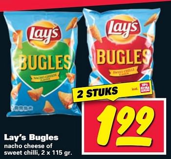 Aanbiedingen Lay`s bugles nacho cheese of sweet chilli - Lay's - Geldig van 19/06/2017 tot 25/06/2017 bij Nettorama