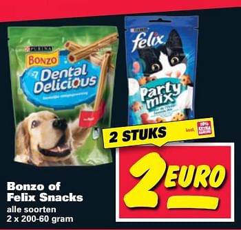 Aanbiedingen Bonzo of felix snacks - Purina - Geldig van 19/06/2017 tot 25/06/2017 bij Nettorama