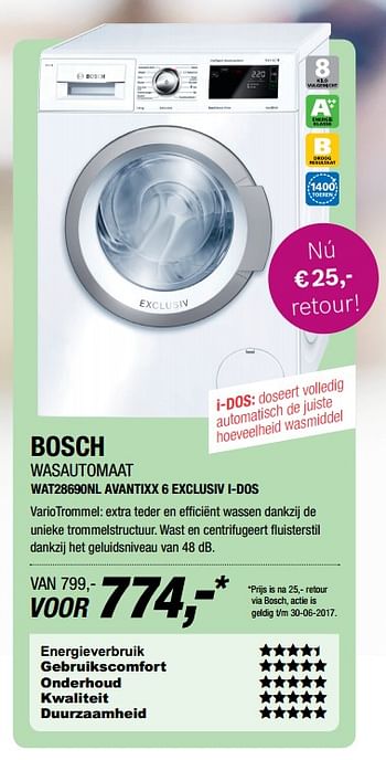 Aanbiedingen Bosch wasautomaat wat28690nl avantixx 6 exclusiv i-dos - Bosch - Geldig van 19/06/2017 tot 25/06/2017 bij Electro World