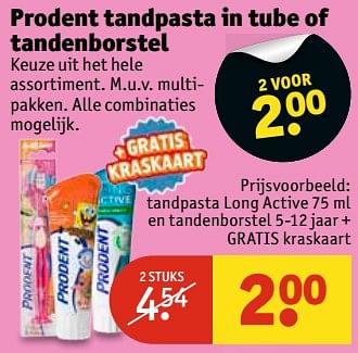 Aanbiedingen Tandpasta long active en tandenborstel 5-12 jaar + gratis kraskaart - Prodent - Geldig van 20/06/2017 tot 25/06/2017 bij Kruidvat