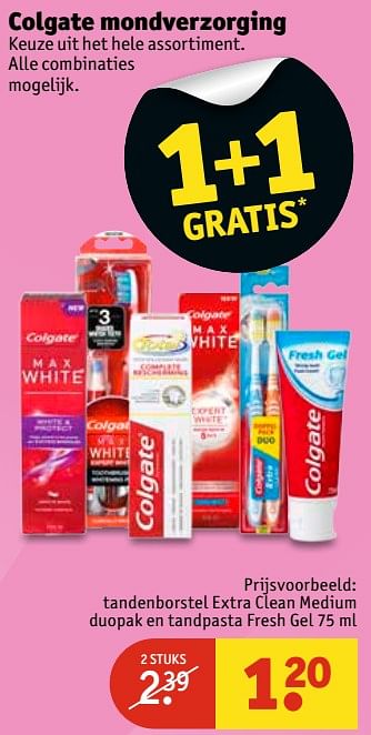 Aanbiedingen Tandenborstel extra clean medium duopak en tandpasta fresh gel - Colgate - Geldig van 20/06/2017 tot 25/06/2017 bij Kruidvat