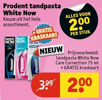 Aanbiedingen Tandpasta white now care correction + gratis kraskaart - Prodent - Geldig van 20/06/2017 tot 25/06/2017 bij Kruidvat