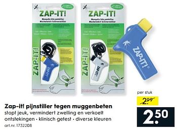 Aanbiedingen Zap-it! pijnstiller tegen muggenbeten - Zap-It! - Geldig van 17/06/2017 tot 28/06/2017 bij Blokker