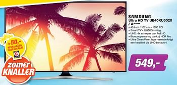 Aanbiedingen Samsung ultra hd tv ue40ku6020 - a-klasse - Samsung - Geldig van 19/06/2017 tot 02/07/2017 bij ElectronicPartner