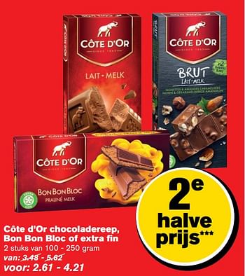 Aanbiedingen Côte d`or chocoladereep, bon bon bloc of extra fin - Cote D'Or - Geldig van 21/06/2017 tot 27/06/2017 bij Hoogvliet