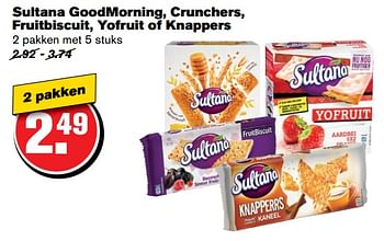 Aanbiedingen Sultana goodmorning, crunchers, fruitbiscuit, yofruit of knappers - Sultana - Geldig van 21/06/2017 tot 27/06/2017 bij Hoogvliet