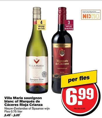 Aanbiedingen Villa maria sauvignon blanc of marqués de cáceres rioja crianza - Rode wijnen - Geldig van 21/06/2017 tot 27/06/2017 bij Hoogvliet