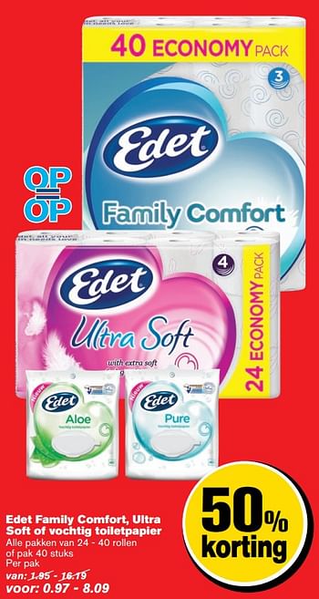 Aanbiedingen Edet family comfort, ultra soft of vochtig toiletpapier - Edet - Geldig van 21/06/2017 tot 27/06/2017 bij Hoogvliet