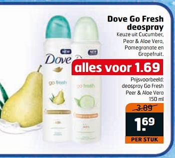 Aanbiedingen Deospray go fresh peer + aloe vera - Dove - Geldig van 20/06/2017 tot 02/07/2017 bij Trekpleister