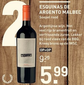 Aanbiedingen Esquinas de argento malbec - Rode wijnen - Geldig van 19/06/2017 tot 02/07/2017 bij Gall & Gall