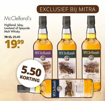 Aanbiedingen Mcclelland`s highland, islay, lowland of speyside malt whisky - McClelland’s  - Geldig van 18/06/2017 tot 01/07/2017 bij Mitra