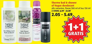 Aanbiedingen Therme bad + shower of vogue deodorant - Therme - Geldig van 21/06/2017 tot 27/06/2017 bij Boni Supermarkt