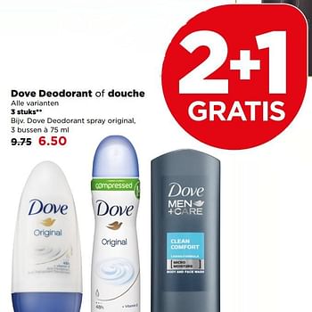 Aanbiedingen Dove deodorant of douche, 3 stuks - Dove - Geldig van 25/06/2017 tot 01/07/2017 bij Plus