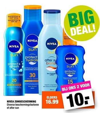 Aanbiedingen Nivea zonbescherming diverse beschermingsfactoren of after sun - Nivea - Geldig van 19/06/2017 tot 02/07/2017 bij Big Bazar