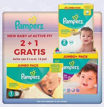 Aanbiedingen Pampers new baby of active fit 2 + 1 gratis - Pampers - Geldig van 27/06/2017 tot 25/07/2017 bij Supra Bazar