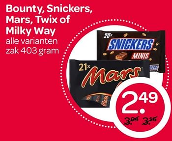Aanbiedingen Bounty, snickers, mars, twix of milky way - Mars Snacks - Geldig van 22/06/2017 tot 28/06/2017 bij Spar