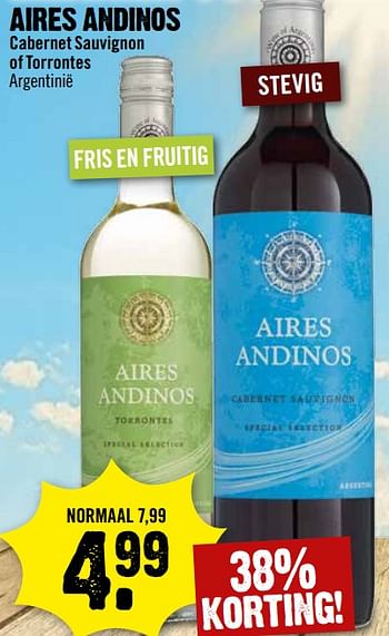 Aanbiedingen Aires andinos cabernet sauvignon of torrontes - Witte wijnen - Geldig van 25/06/2017 tot 01/07/2017 bij Dirk III