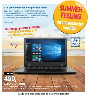 Aanbiedingen Lenovo 15,6 laptop 110-15isk - Lenovo - Geldig van 26/06/2017 tot 09/07/2017 bij BCC