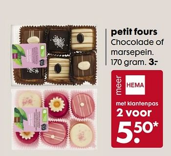 Aanbiedingen Petit fours chocolade of marsepein - Huismerk - Hema - Geldig van 26/06/2017 tot 30/07/2017 bij Hema