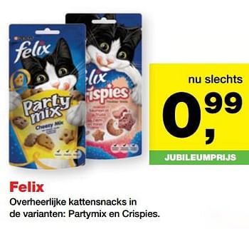 Aanbiedingen Felix overheerlijke kattensnacks in de varianten: partymix en crispies - Purina - Geldig van 25/06/2017 tot 09/07/2017 bij Jumper