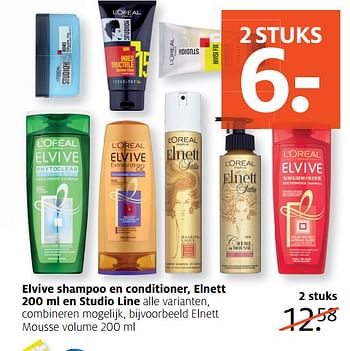Aanbiedingen Elvive shampoo en conditioner, elnett en studio line - L'Oreal Paris - Geldig van 26/06/2017 tot 02/07/2017 bij Etos