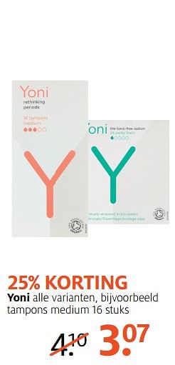 Aanbiedingen Yoni alle varianten, bijvoorbeeld tampons medium - Yoni - Geldig van 26/06/2017 tot 02/07/2017 bij Etos