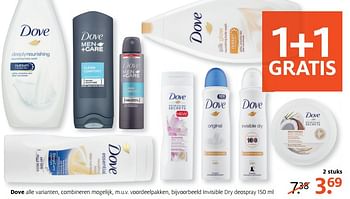 Aanbiedingen Dove alle varianten, combineren mogelijk, m.u.v. voordeelpakken, bijvoorbeeld invisible dry deospray - Dove - Geldig van 26/06/2017 tot 02/07/2017 bij Etos