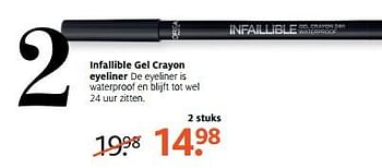 Aanbiedingen Infallible gel crayon eyeliner de eyeliner is waterproof en blijft tot wel - L'Oreal Paris - Geldig van 26/06/2017 tot 02/07/2017 bij Etos