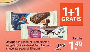 Aanbiedingen Endulge reep chocolate coconut - Atkins - Geldig van 26/06/2017 tot 02/07/2017 bij Etos