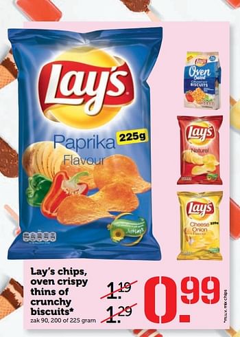 Aanbiedingen Lay`s chips, oven crispy thins of crunchy biscuits - Lay's - Geldig van 26/06/2017 tot 02/07/2017 bij Coop