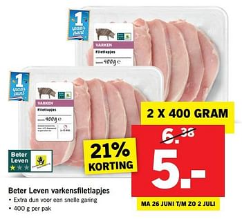 Aanbiedingen Beter leven varkensfiletlapjes - Huismerk - Lidl - Geldig van 26/06/2017 tot 02/07/2017 bij Lidl