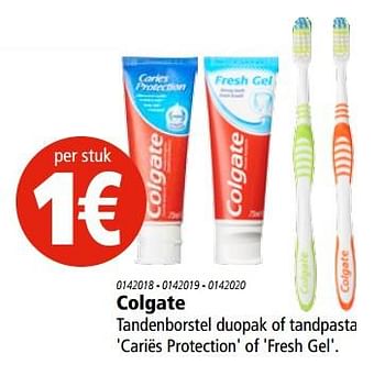 Aanbiedingen Colgate tandenborstel duopak of tandpasta cariës protection of fresh gel - Colgate - Geldig van 29/06/2017 tot 12/07/2017 bij Marskramer