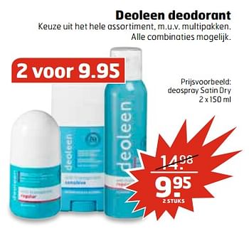 Aanbiedingen Deoleen deospray satin dry - Deoleen - Geldig van 27/06/2017 tot 02/07/2017 bij Trekpleister