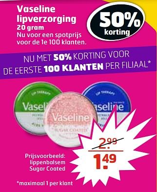 Aanbiedingen Vaseline lippenbalsem sugar coated - Vaseline  - Geldig van 27/06/2017 tot 02/07/2017 bij Trekpleister