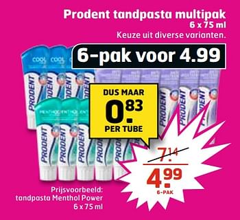 Aanbiedingen Prodent tandpasta menthol power - Prodent - Geldig van 27/06/2017 tot 02/07/2017 bij Trekpleister