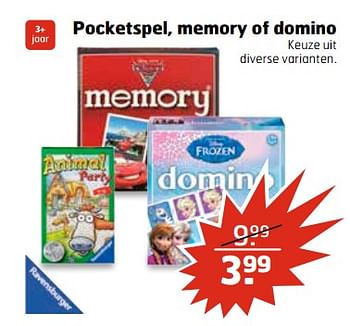 Aanbiedingen Pocketspel, memory of domino - Ravensburger - Geldig van 27/06/2017 tot 02/07/2017 bij Trekpleister