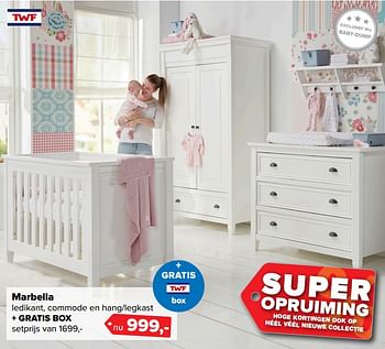 Aanbiedingen Marbella ledikant, commode en hang-legkast + gratis box - TWF - Geldig van 26/06/2017 tot 09/07/2017 bij Baby-Dump