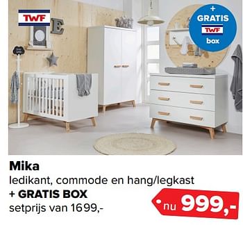 Aanbiedingen Mika ledikant, commode en hang-legkast + gratis box - TWF - Geldig van 26/06/2017 tot 09/07/2017 bij Baby-Dump