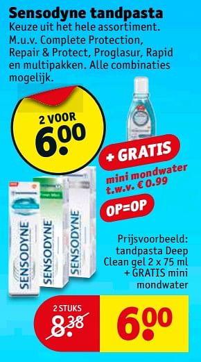 Aanbiedingen Tandpasta deep clean gel + gratis mini mondwater - Sensodyne - Geldig van 27/06/2017 tot 09/07/2017 bij Kruidvat