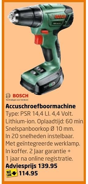 Aanbiedingen Bosch accuschroefboormachine psr 14,4 li. - Bosch - Geldig van 26/06/2017 tot 09/07/2017 bij Formido