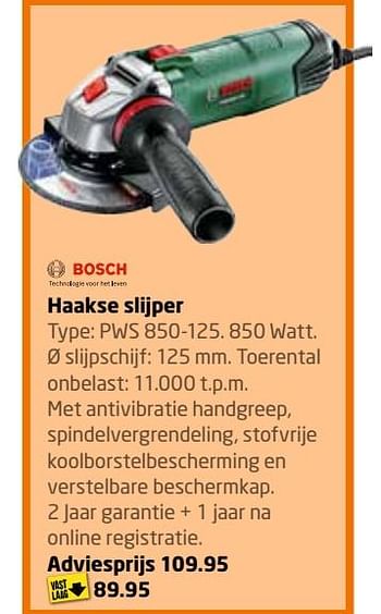 Aanbiedingen Bosch haakse slijper pws 850-125 - Bosch - Geldig van 26/06/2017 tot 09/07/2017 bij Formido