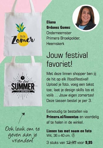 Aanbiedingen Linnen tas met naam en foto - Huismerk - Primera - Geldig van 03/07/2017 tot 27/08/2017 bij Primera